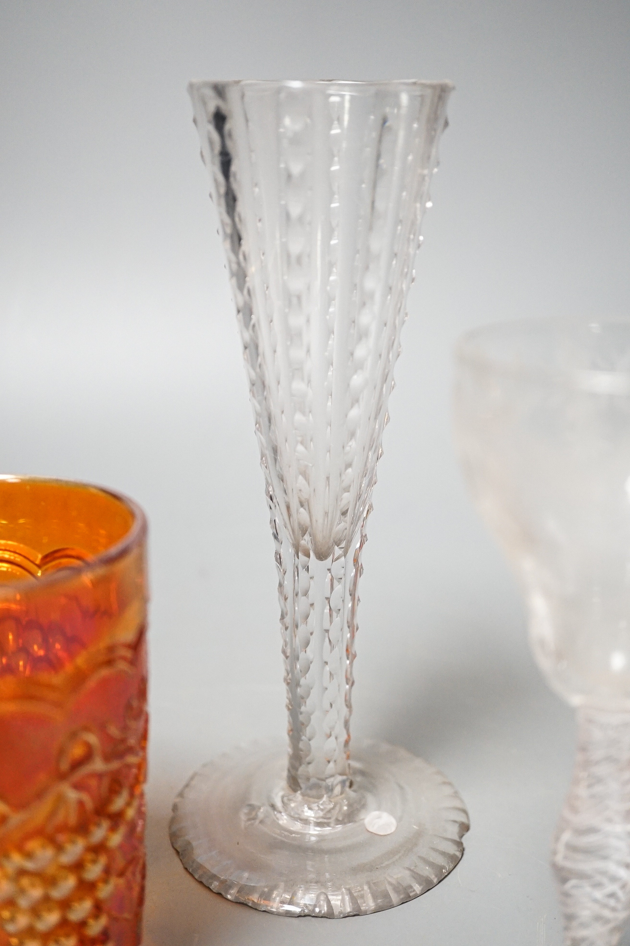 A pair of opaque twist cordial glasses with floral engraved bowls, 14cm and sundry glassware
